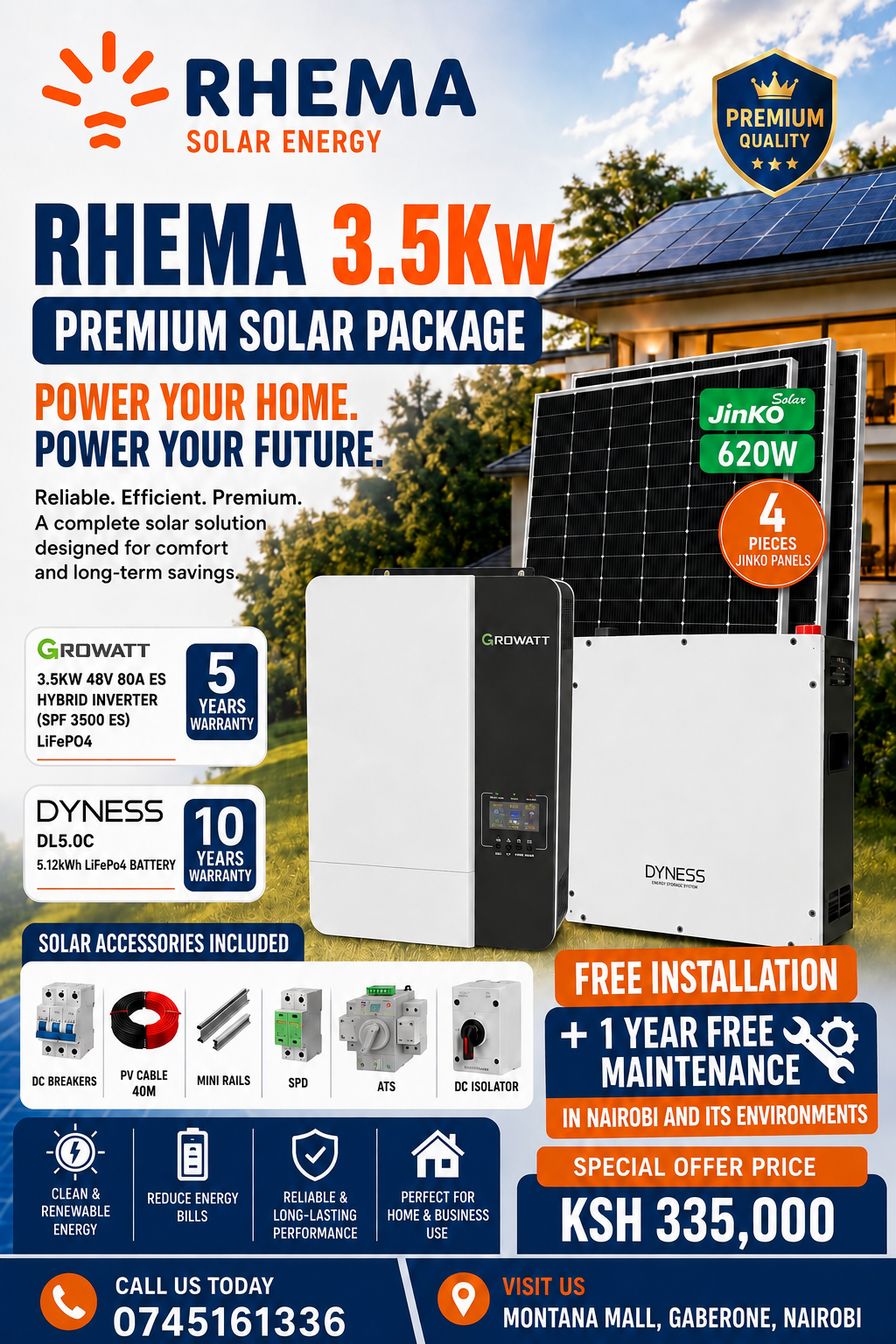 Growatt 3.5kVA Solar System with 5.12kWh Dyness Lithium Battery & 4 × 620W Jinko Panels Combo 1 Growatt 3.5kVA Solar System with 5.12kWh Dyness Lithium Battery & 4 × 620W Jinko Panels Combo
