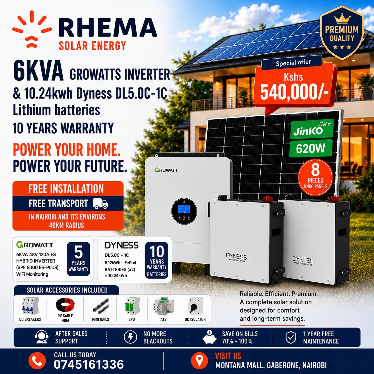 Growatt 6kVA Solar System with 10.24kWh Dyness Lithium Batteries & 8 × 620W Jinko Panels Combo 1 Growatt 6kVA Solar System with 10.24kWh Dyness Lithium Batteries & 8 × 620W Jinko Panels Combo